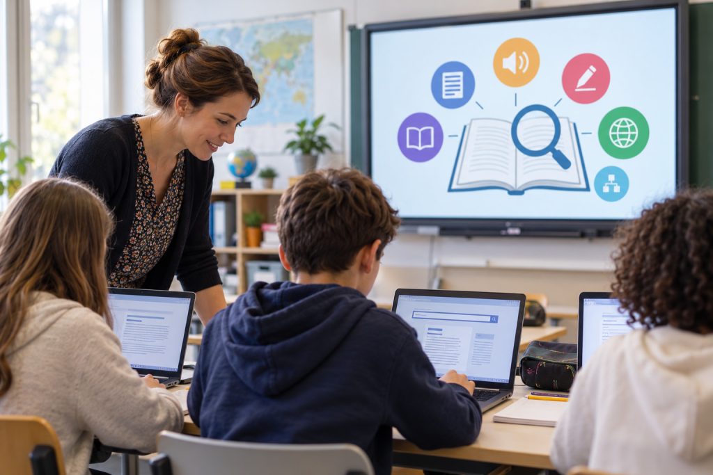 dictionnaire en ligne gratuit consult&eacute; sur un ordinateur en classe