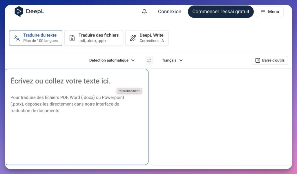 Deepl traduction page d'accueil