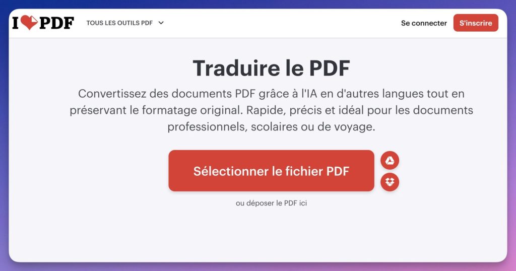 Page d'accueil du traducteur de PDF gratuit ILove PDF