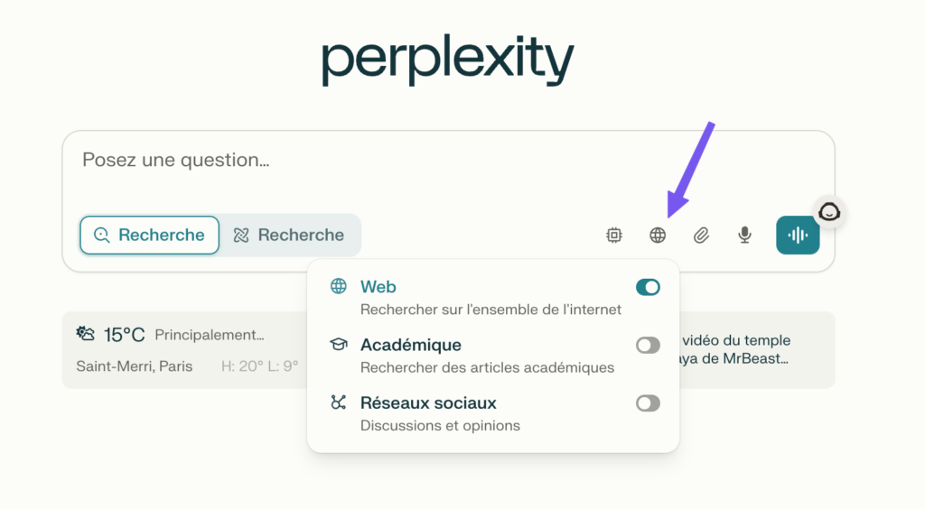 choisir sources dans perplexity