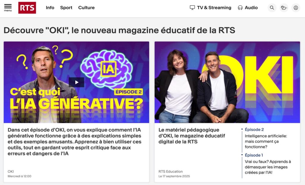 page d'accueil de la RTS consacrée à OKI le noueau magazine éucatif