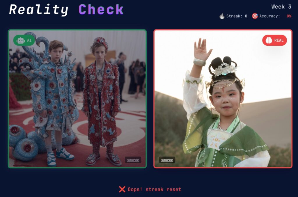 exemple de reality check qui permet de jouer a trouver les images créées par iA