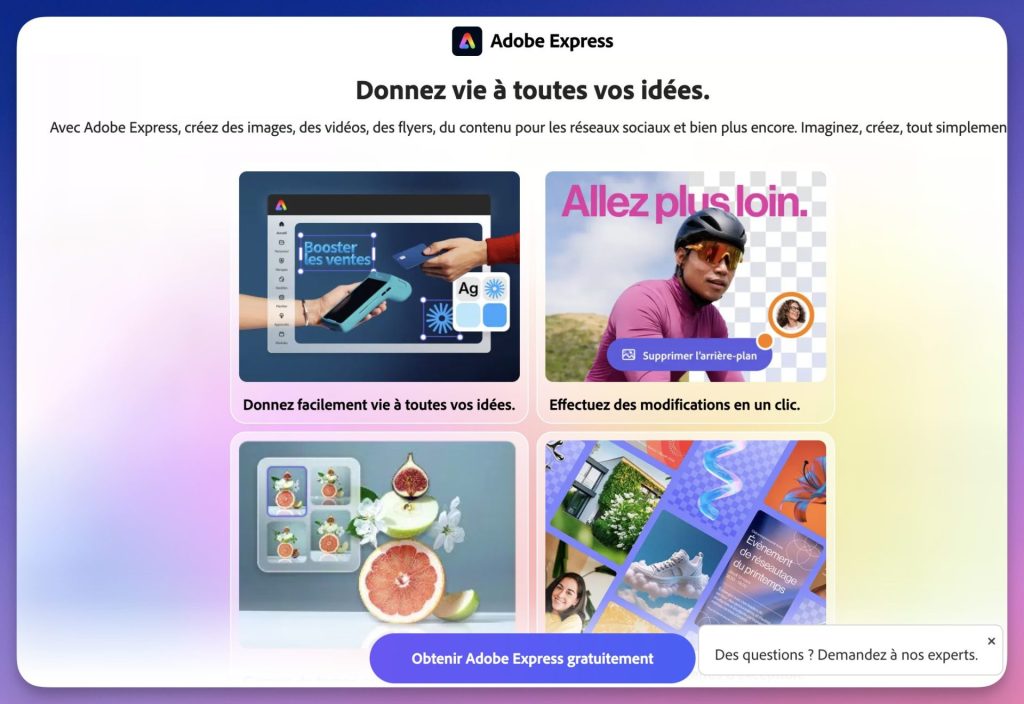 Page d'accueil d'Adobe Express