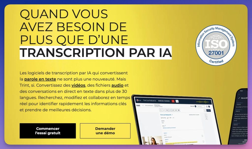 Transcription avec IA et Trint