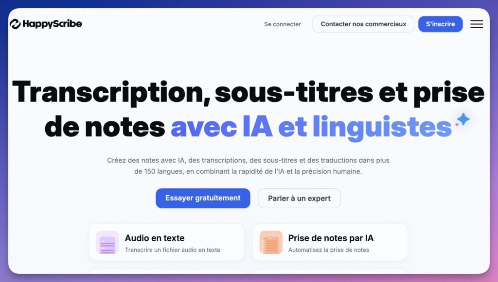 Page d'accueil de l'outil de transcription pour enseignants happyscribe