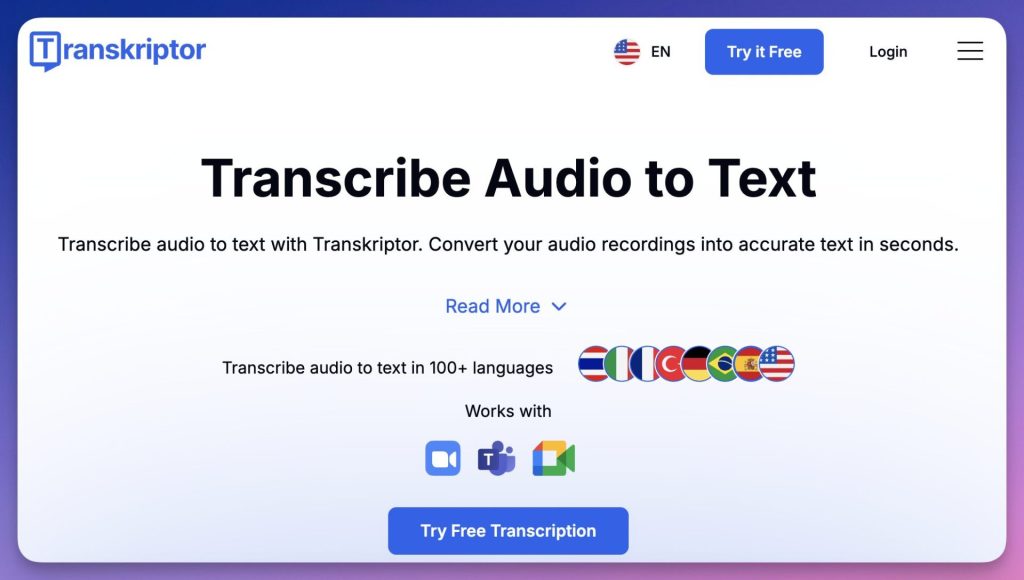 Transkriptor page d'accueil du site