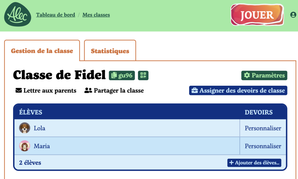 Tableau de bord enseignant Alec